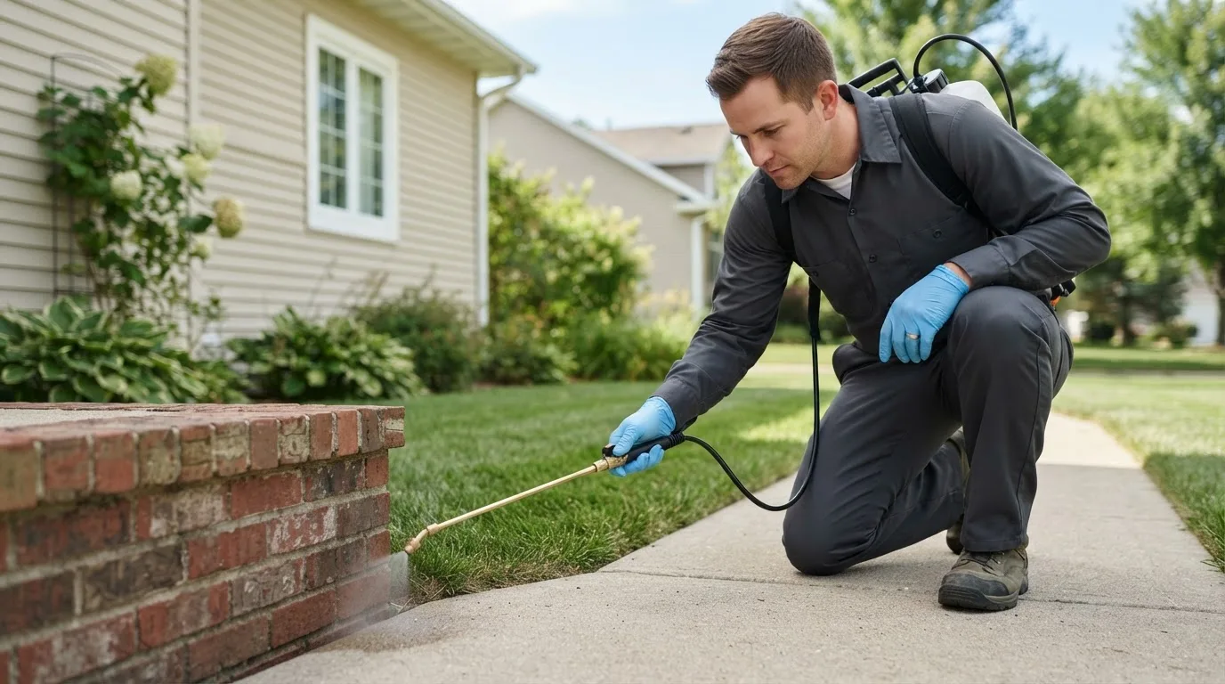 Pest control technician treating a home near Bellmore, NY